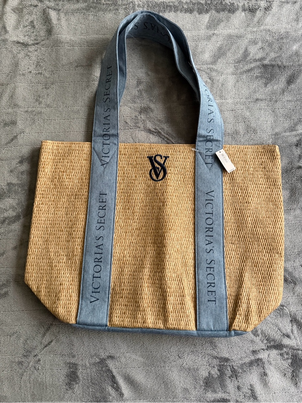 Victoria's Secret Tan Straw Tote with Blue Branded Straps